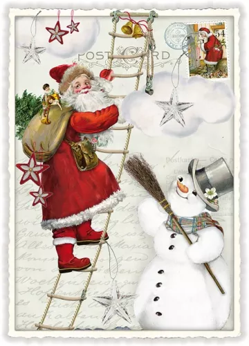 Santa On A Ladder Christmas Postcard
