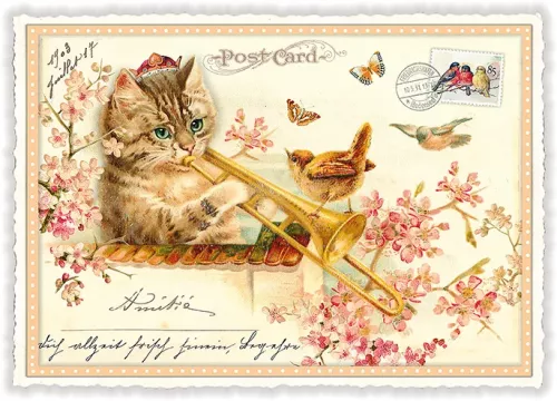 Cat with trombone, Postcard