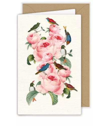 Pink Roses and Birds, Greeting Card