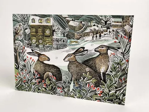 We Three Hares advent card by Angela Harding