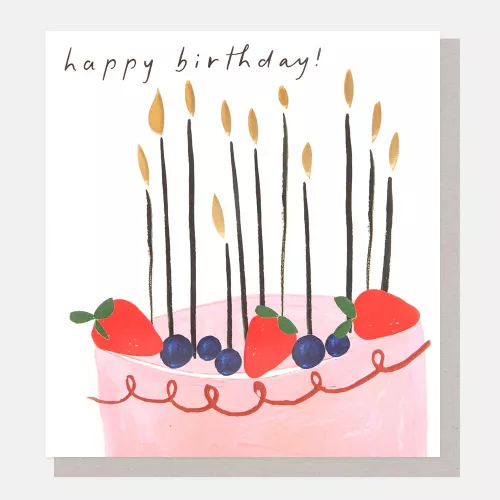 Happy Birthday! Pink Cake With Berries & Candles, Greeting Card