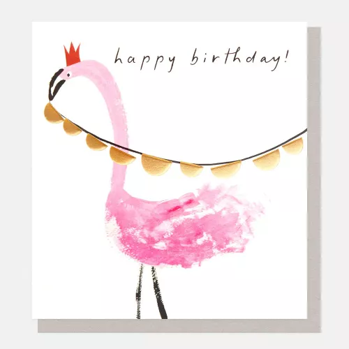 Happy Birthday! Flamingo With Crown And Bunting, Greeting Card