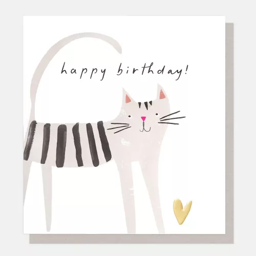 Happy Birthday! Grey Stripey Cat With Heart, Greeting Card