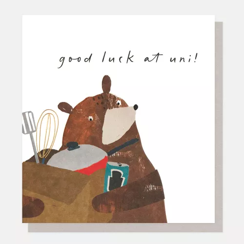Good Luck At Uni Bear With Beans In Box, Greeting Card