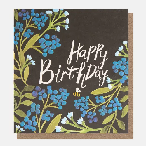 Happy Birthday Blue Floral On Black With Bee, Greeting Card