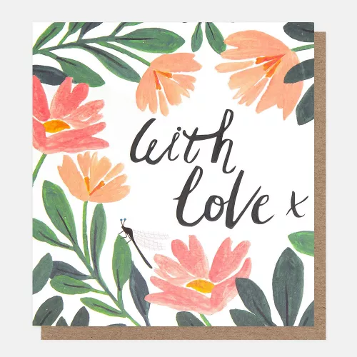 With Love Pink Floral With Dragonfly, Greeting Card