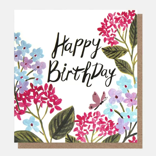 Happy Birthday Purple And Blue Floral With Butterfly, Greeting Card