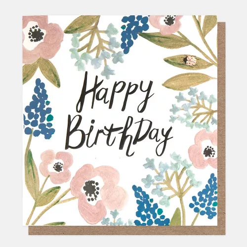Happy Birthday Pink & Blue Floral With Beetle, Greeting Card