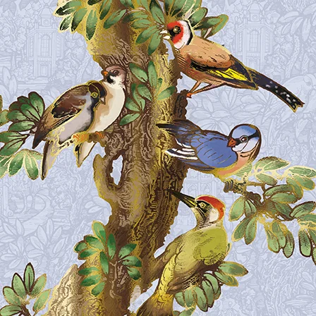 British Garden Birds On Gold Tree Trunk, Greeting Card