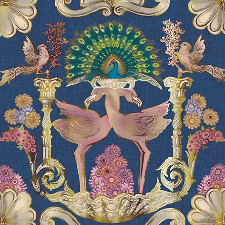 Mirror Flamingos & Peacock On Gold Architecture, Greeting Card