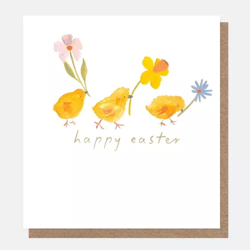 Happy Easter Little Painted Chicks Holding Flowers, Greeting Card