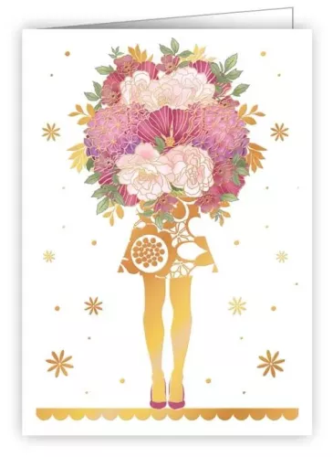 Woman with bouquet of flowers, Mini card