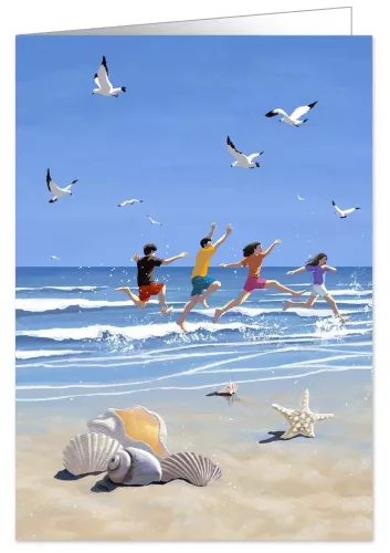 Children jumping on beach, Heartfelt, Greeting Card