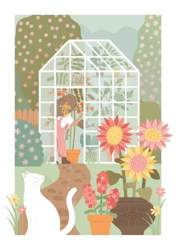 Under The Apple Tree White Cat Greenhouse Card