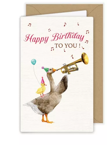 Happy Birthday Goose with Trumpet, Greeting Card