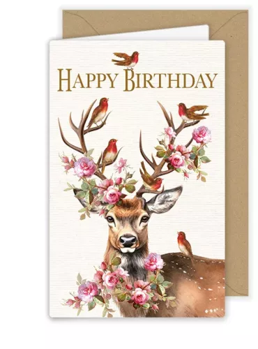 Happy Birthday Deer with Flower Antlers, Greeting Card