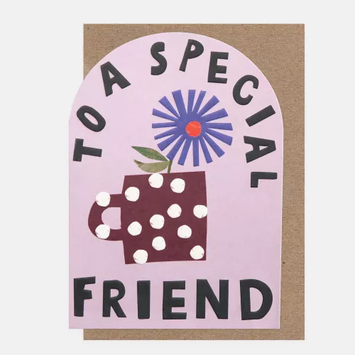 To A Special Friend Spotty Mug & Blue Flower, Greeting Card