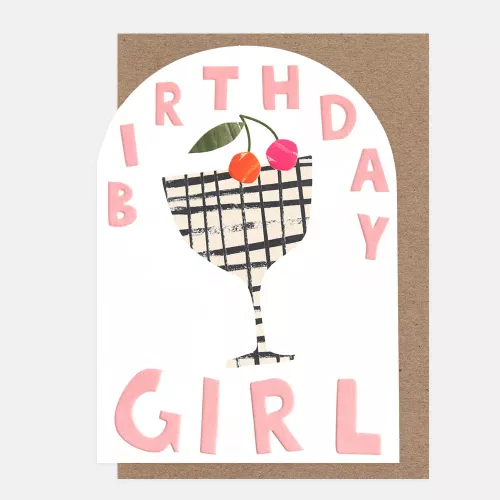 Birthday Girl Checked Stem Glass With Cherry, Greeting Card