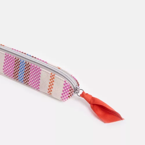 Checkerboard Stripe Printed Canvas Pencil Case
