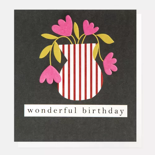 Wonderful Birthday Stripe Vase Of Flowers On Charcoal, Greeting Card