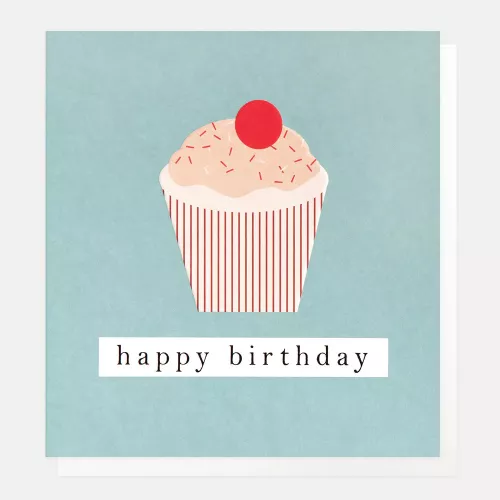 Happy Birthday Iced Cupcake With Cherry On Blue, Greeting Card