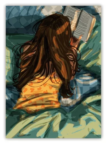 Girl reading in bed, Postcard