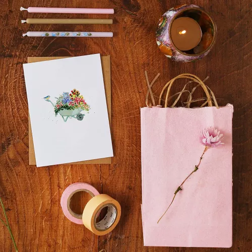 Wheelbarrow Of Flowers, Mini Card