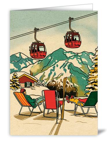 Skiers Relaxing Next to the Gondola Lift, Christmas Greeting Card
