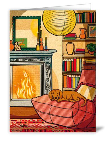 Wiener Dog Relaxing by Fireplace, Christmas Greeting Card