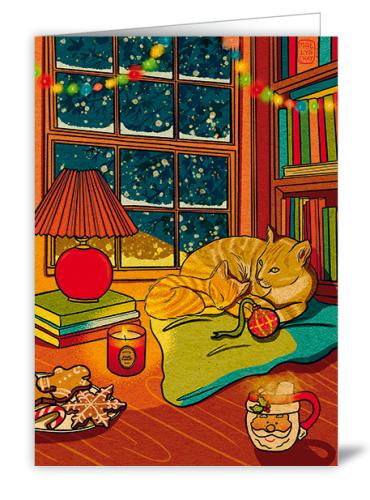 Cat and Kitten by the Window, Christmas Greeting Card