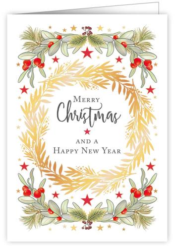 Golden Wreath with Winter Berries, Christmas Greeting Card