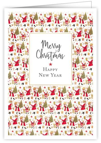 Santas with Presents and Trees, Christmas Greeting Card