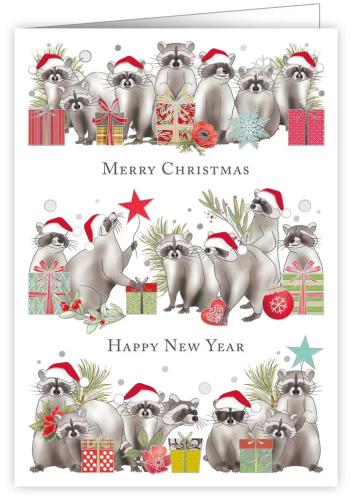 Raccoons with Santa Hats and Presents, Christmas Greeting Card