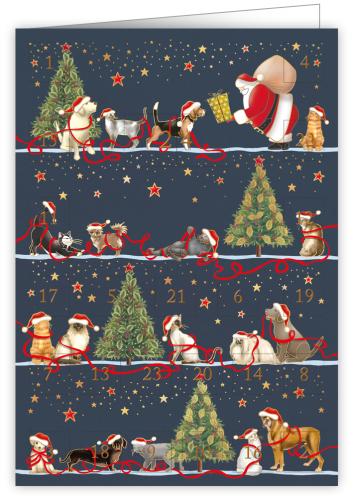 Santa with Cats and Dogs, Advent Calender Card
