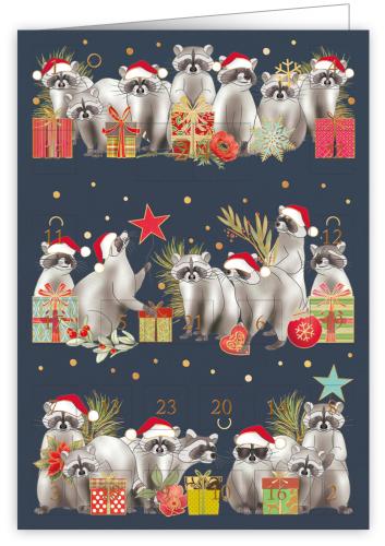 Raccoons with Santa Hats and Presents, Advent Calender Card