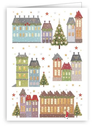 Cityscape, Trees and Santa, Mini Christmas Card