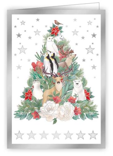 Winter Animals on Christmas Tree, Mini Christmas Card