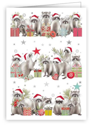 Raccoons with Santa Hats and Presents, Mini Christmas Card
