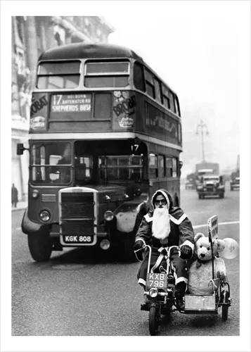 Father Christmas and Ted on their way to work, 1950's, Greeting Card