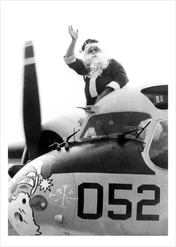 Father Christmas flying into town, 1960's, Greeting Card