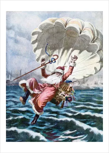 Father Christmas in a parachute , Greeting Card