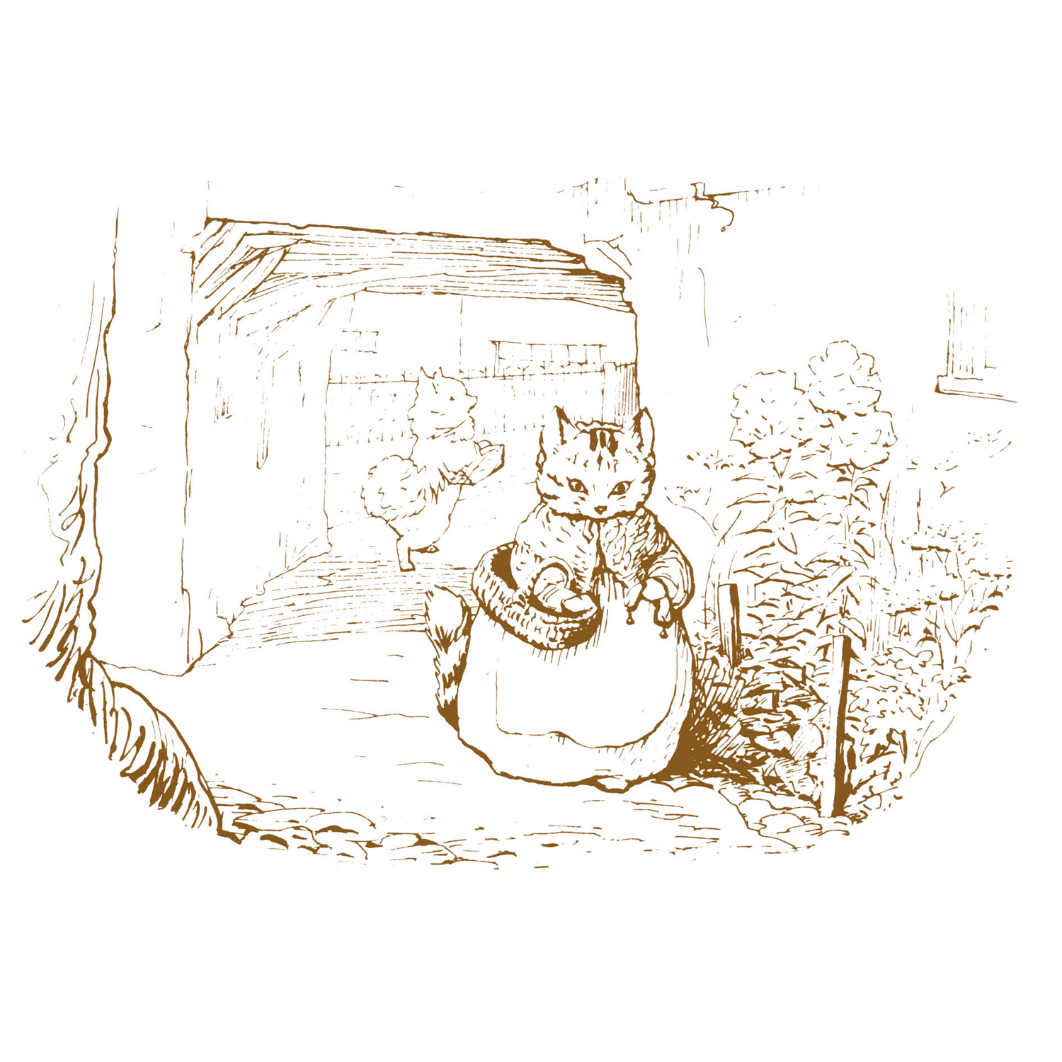 Square Beatrix Potter sketch cat house blank, Greeting Card