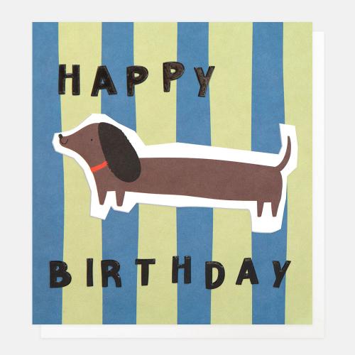 Happy Birthday Blue Green Stripe With Sausage Dog