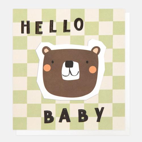 Hello Baby Bear Face With Green and Cream Check