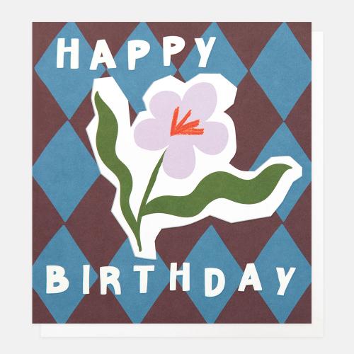 Happy Birthday Flower With Blue and Burgundy Harlequin