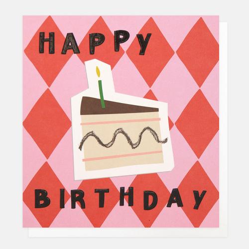 Happy Birthday Cake Slice With Red and Pink Harlequin