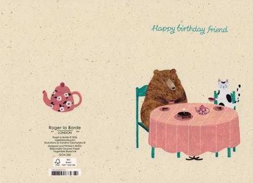Happy birthday friend, bear and cat celebrating, Petit Fours Petite Card