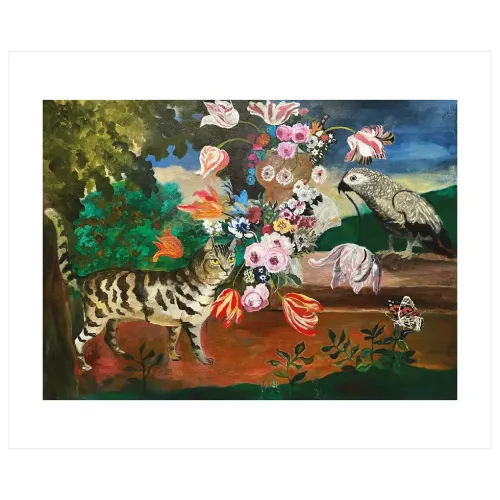 Cat and Parrot Greeting Card
