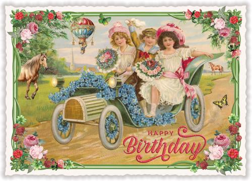Happy Birthday, Children in car, Postcard