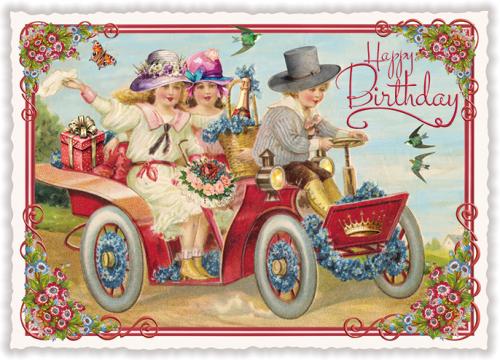 Happy Birthday, Children in car, Postcard